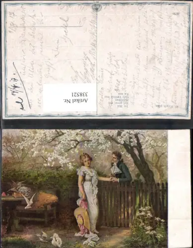 338521,Künstler Ak H. Koch Im Mai Liebe Paar Händchenhalten a. Zaun Tauben