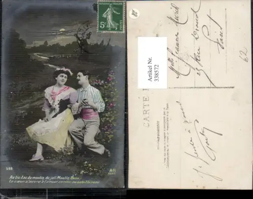 338572,Foto Ak Liebe Paar Händchenhalten b. Mondschein Windmühle Spruch