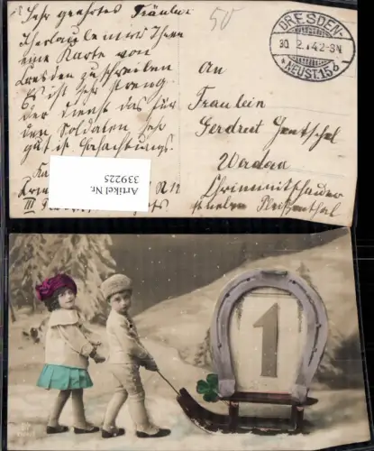 339225,Kinder n. Schlitten Rodel Hufeisen Kalenderblatt 1 Neujahr Klee Schnee