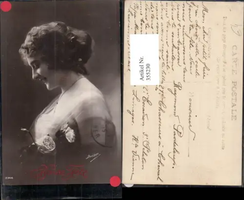 355230,Foto Ak Frau Lockenkopf Frisur Rosen Blumen Portrait Bonne Fete
