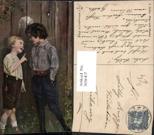 363847,Künstler Ak F. Jansen Max u. Moritz Kinder Buben Junge b. Holzzaun