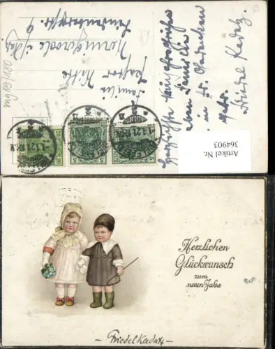 364903,Künstler Ak Kind Kinder Kopftuch Blumenstrauß Neujahr