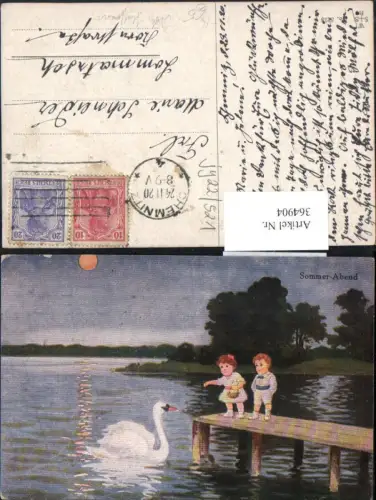 364904,Künstler Ak Ad. Hoffmann Sommer-Abend Kinder füttern Schwan Steg