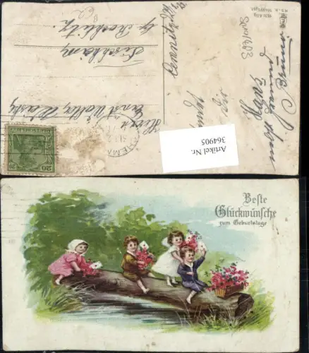 364905,Künstler Ak Kinder sitzen a. Baumstamm Blumen Kuvert Geburtstag