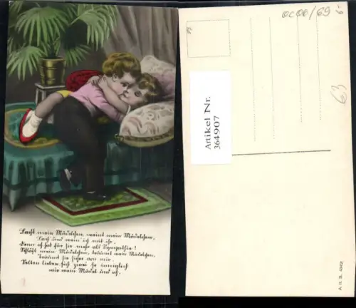 364907,Künstler Ak Kinder Kuss Bett Spruch