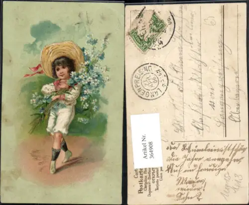 364908,Präge Künstler Ak Kind Bub Junge Uniform Hut m. Blumen Vergissmeinnicht Goldverzierung