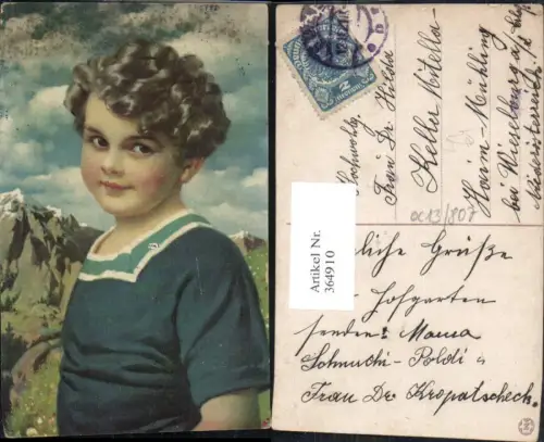 364910,Künstler Ak Kind Bub Junge Portrait Bergkulisse i. Hintergrund