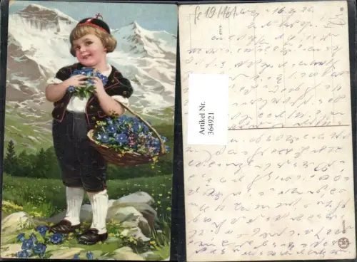 364921,Künstler Ak Kind Bub Junge Uniform Hut Korb Blumen Enzian Bergkulisse