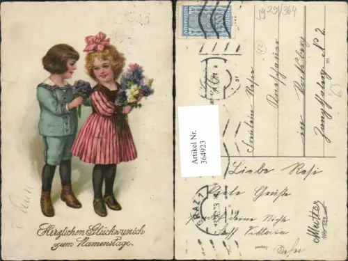 364923,Künstler Ak Kinder Uniform Kleid Haarschleife Blumenstrauß Namenstag pub HWB 2056