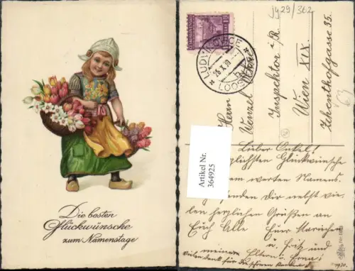 364925,Künstler Ak Kind Mädchen Tracht Niederlande Korb m. Blumen Tulpen Namenstag pub Erika 1003