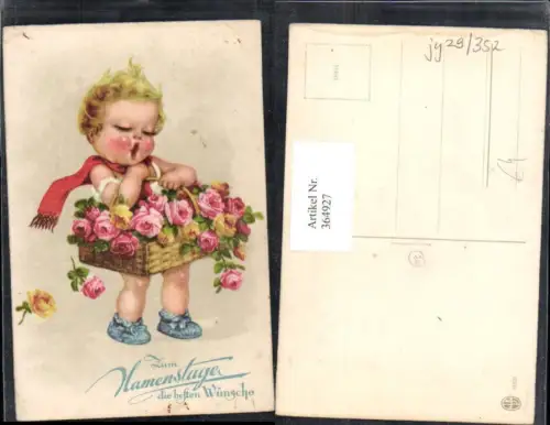 364927,Künstler Ak Kind Mädchen Korb m. Blumen Rosen Namenstag