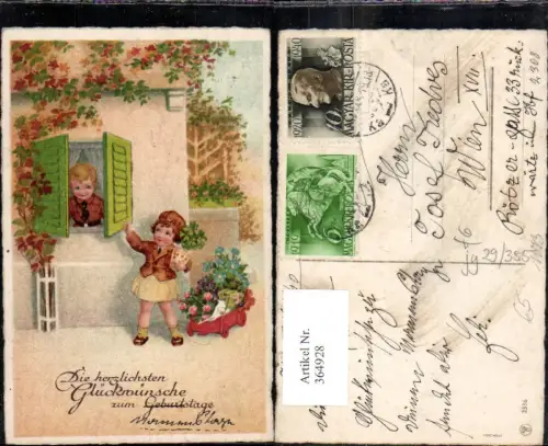 364928,Künstler Ak Kinder b. Fenster Uniform Nachziehwagen Blumen