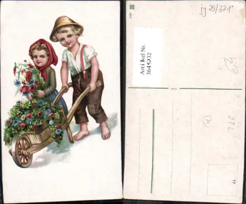 364932,Künstler Ak Kinder m. Scheibtruhe Schubkarre Blumen Hut Kopftuch