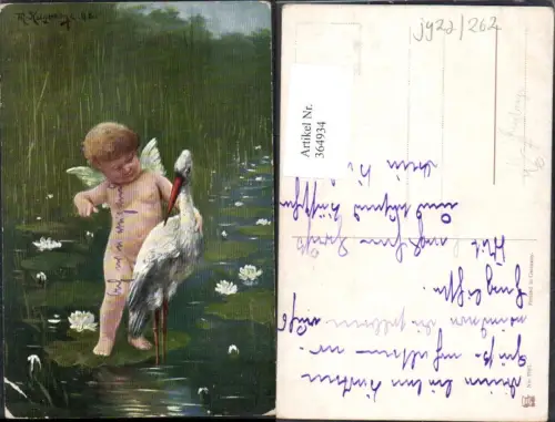 364934,Künstler Ak M. Kuglmayr Kind Engel Storch Teich Seerosen