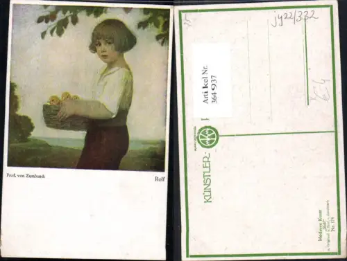 364937,Künstler Ak Prof. von Zumbusch Rolf Kind m. Korb Küken