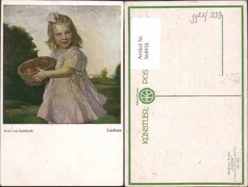 364938,Künstler Ak Prof. von Zumbusch Liselotte Kind Mädchen Haarschleife Korb Äpfel