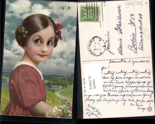 364944,Künstler Ak Kind Mädchen Zöpfe Haarschleife Blumen Landschaft