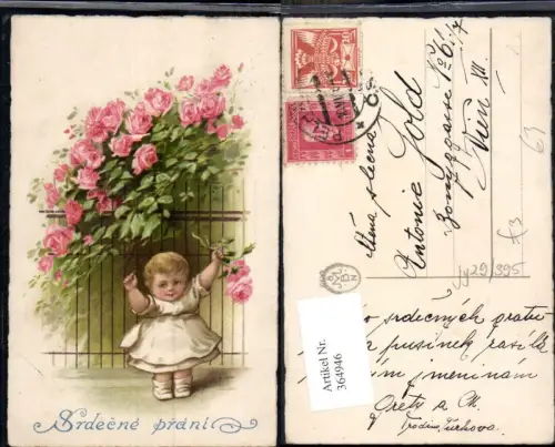 364946,Künstler Ak Kind Mädchen Kleid Eisenzaun Blumen Rosen Srdecne prani