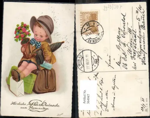 364947,Künstler Ak Kind Bub Junge Koffer Hut Regenschirm Pakete Blumentopf Namenstag