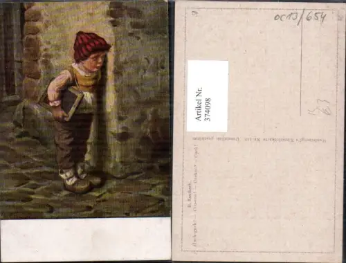 374098,Künstler Ak H. Kaulbach Guck Guck Kind Bub Junge m. Schultafel a. Ecke stehend