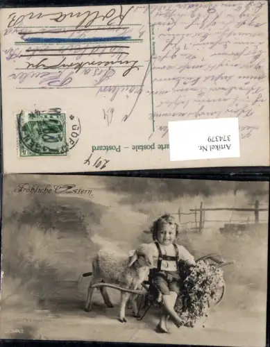 374379,Kind Bub Junge i. Tracht Lederhose Lamm Scheibtruhe Blumenstrauß Blumen