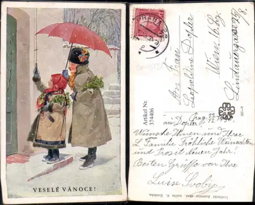 374406,Künstler Ak K. Simunka Frau m. Kind Mädchen läutet a. Tür Schirm Blumenstrauß