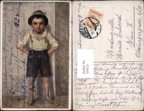 378153,Künstler AK M. Budinski Trotzkopf Junge Bub in Tracht Lederhose Hut