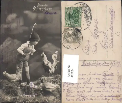 381924,Kind Bub Junge Lederhose Hut m. Hahn Hühner Ostereier