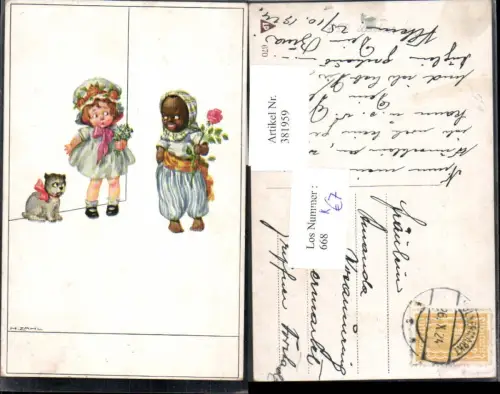 381959,Künstler Ak H. Zahl Kinder Hund Schwarzer Rose Dunkelhäutiges Kind