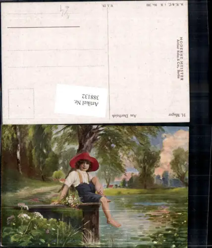 388132,Künstler Ak H. Mager Am Dorfteich Kind Junge auf Steg sitzend Blumen Teich