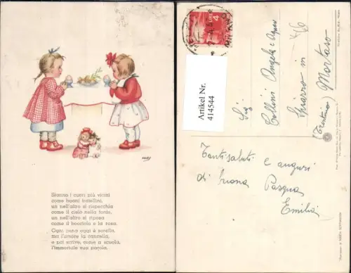414544,Künstler Ak Maria Soffiantini Kinder beten b. Tisch Essen Puppen Spruch