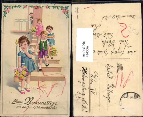 414556,Künstler Ak Kinder a. Stiege Blumen Kuchen Namenstag