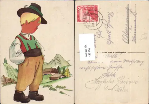 431524,Künstler Ak Kind Bub Junge Tracht Hut Haus Berglandschaft pub F. E. Brandt