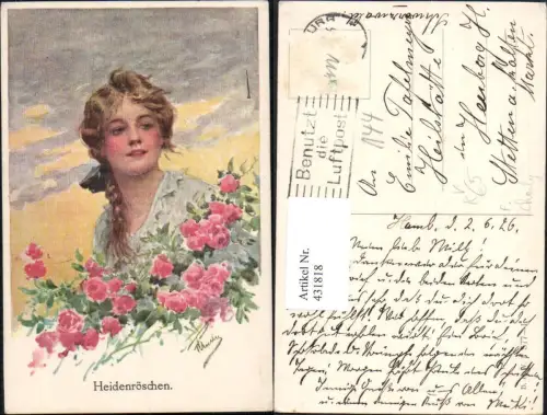 431818,Künstler Ak F. Charly Frau Zopf Haarband Rosen Blumen Heidenröschen pub B.K.W.I. 577euro1