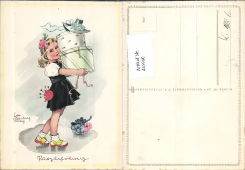 445960,Künstler Ak Lotte Oldenbürg-Wittig Kind Mädchen Hutschachteln Blumen Hut
