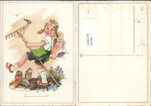 445961,Künstler Ak Lotte Oldenbürg-Wittig Kind Mädchen Rechen Blumen
