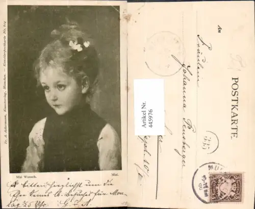 445976,Künstler Ak Mizi Wunsch Mizi Mädchen Blume i. Haar Kind pub F. A. Ackermann 614