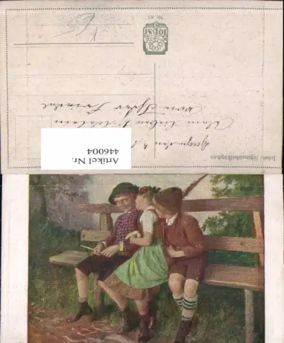 446004,Künstler Ak Jobst Schmeichelkätzchen Kinder Tracht auf Bank