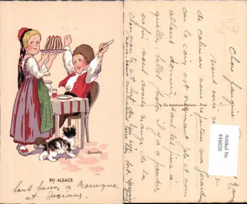 446020,Künstler Ak Kinder Tracht Kuchen Essen Katze En Alsace