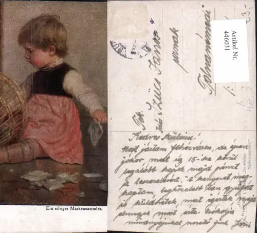446031,Künstler Ak J. F. Engel Ein eifriger Markensammler Kind Korb Briefe