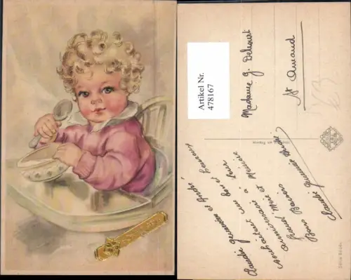 478167,Künstler Ak Kind Hochstuhl m. Löffel Schüssel Essen