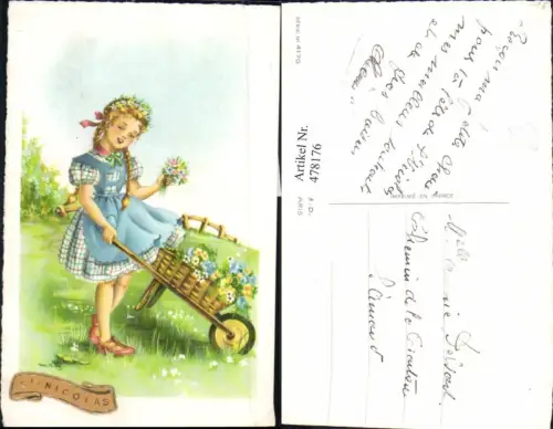 478176,Künstler Ak Kind Mädchen Scheibtruhe Schubkarre St Nicolas Blumen