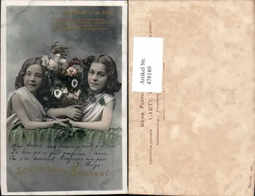 478189,Kinder Mädchen m. Blumenstrauß Les Enfants et les Fleurs Text Spruch