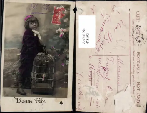 478193,Kind Bub Junge m. Käfig Vogelkäfig Bonne Fete