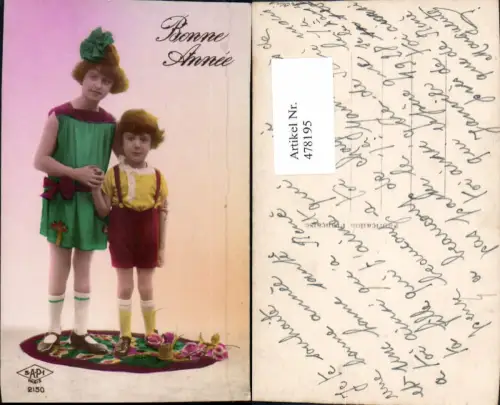 478195,Foto Ak Kinder Mädchen Bub Junge Haarschleife Korb Rosen Blumen Bonne Annee