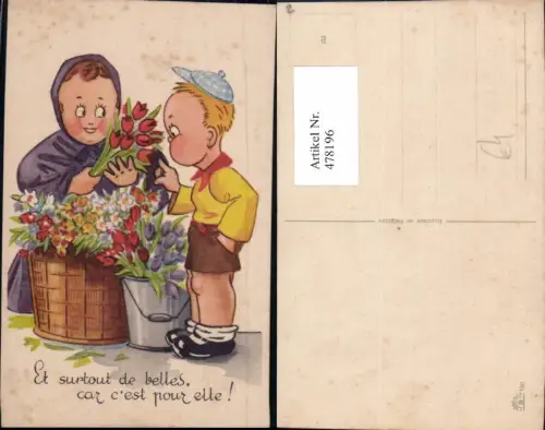 478196,Künstler Ak Kind Bub Junge m. Frau Tulpen Blumen Spruch