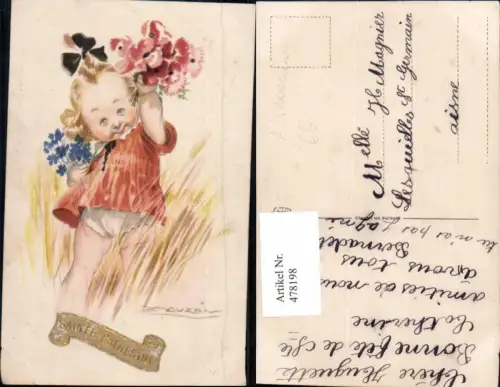 478198,Künstler Ak A. Mauzan Kind Mädchen Haarschleife Mohnblume Kornblume Blumen