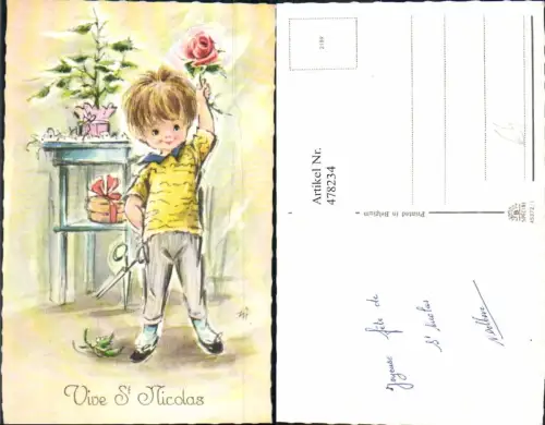478234,Künstler Ak Kind Bub Junge m. Rose Schere Vive ST Nicolas