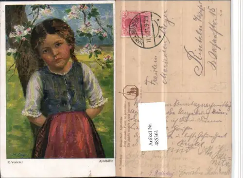 485361,Künstler AK R. Voelcker Apfelblüte Kind Mädchen Zöpfe