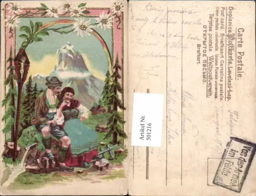 501216,Präge Litho Paar Liebe Umarmung Pfeife Rauchen Bergkulisse Edelweiß